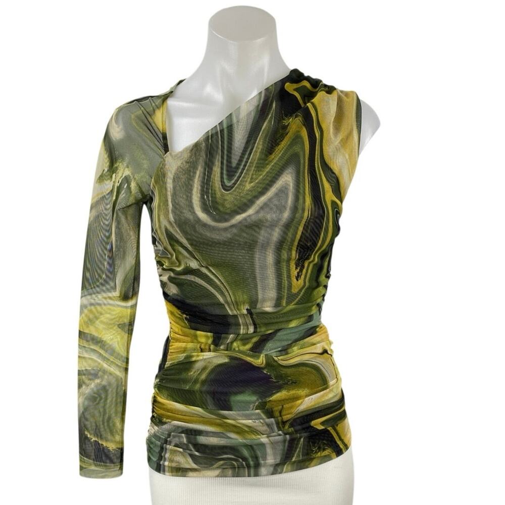 Zara Marble Mesh Tulle Ruched Asymmetric One Shoulder Long Sleeve Blouse Top S